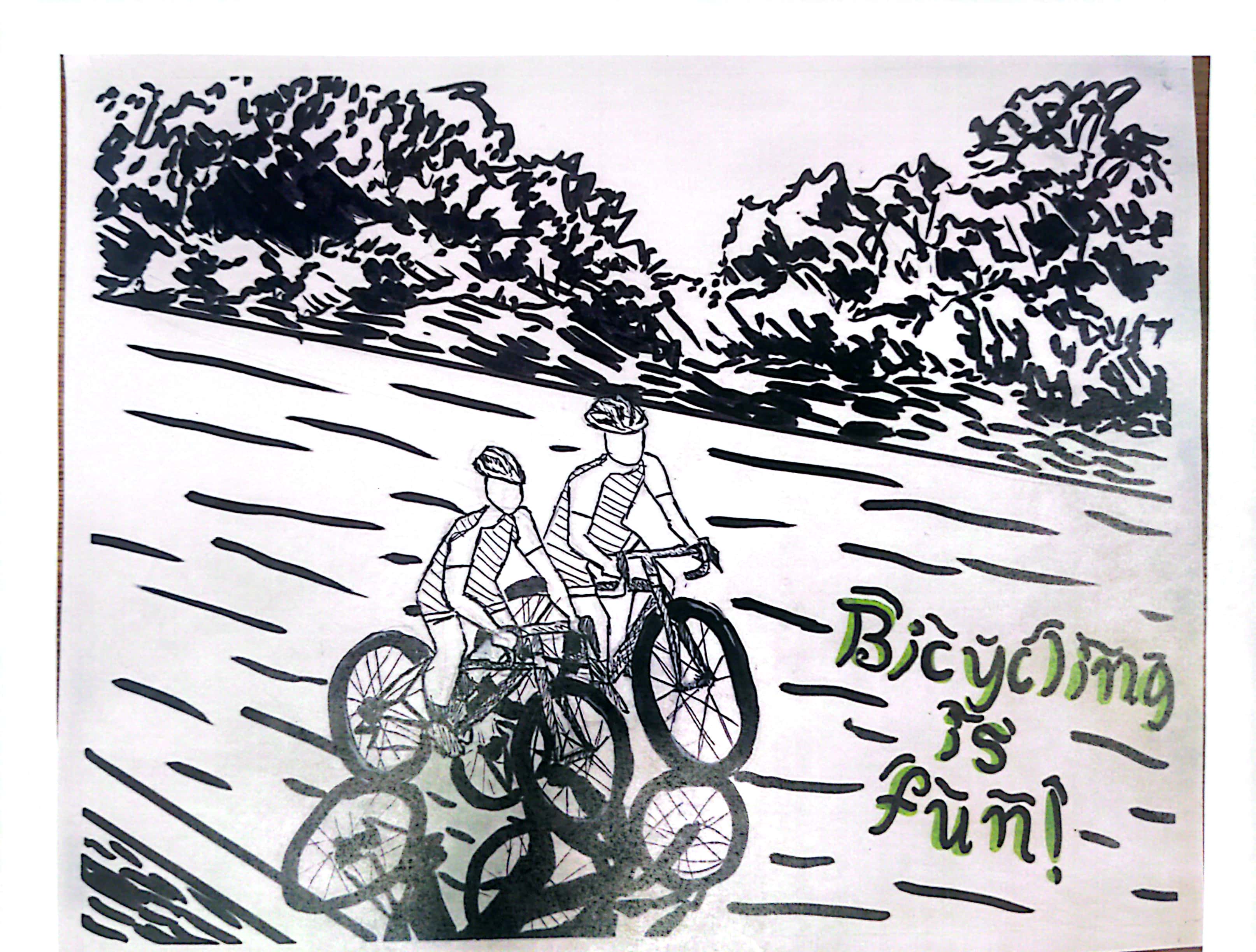 Student artwork in black ink on white paper, showing two bikers in helmets riding on a path lined with lush trees and shrubs. Title 